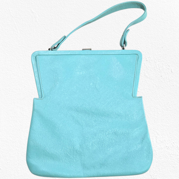 1950s Vintage Robin’s Egg Blue Leather Clutch Purse Mid-Century - Picture 1 of 16